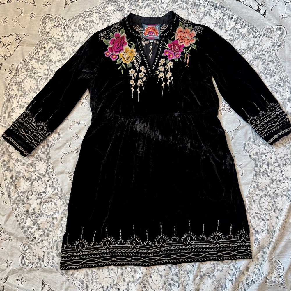Johnny Was Black Top with Colorful Floral Embroidery boho whimsy baby doll